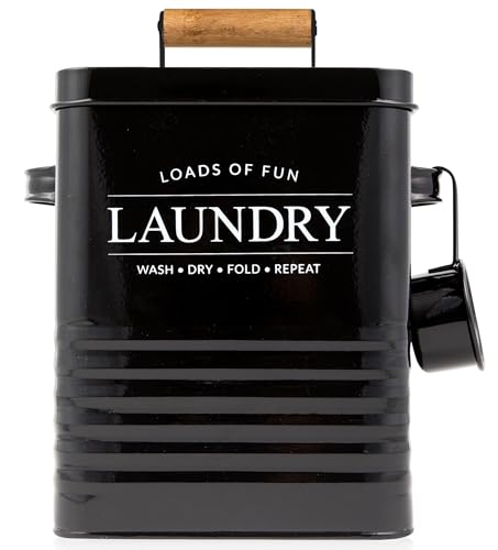 Calindiana Modern Farmhouse Metal Laundry Soap Dispenser Container Holder with Scoop for Laundry Room Decor and Space Saving Laundry Room Organization and Storage, Laundry Powder Container, Black - color: BLACK