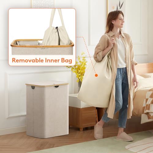 Lifewit 150L Laundry Basket with Lid, Clothes Hampers for Laundry with Bamboo Handles and 2 Removable Bag, Large Foldable Laundry Hamper for Bedroom, Bathroom, Dorm, Laundry Room, Beige - color: Beige, size: 150L