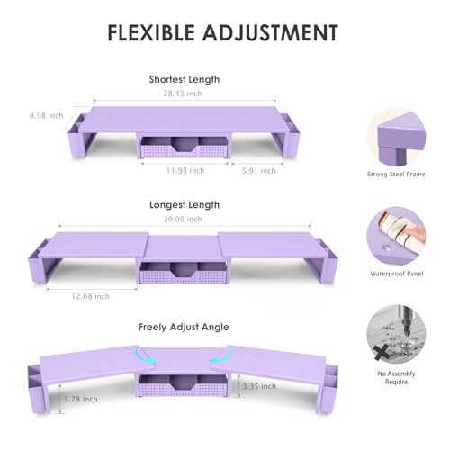 OPNICE Desk Organizers and Accessories, Dual Computer Monitor Stand Riser with Drawer and 2 Pen Holders, Office Desk Accessories, Workspace Desktop Organization for Office Supplies (Purple Metal ) - color: Purple Metal, size: With drawer and pen holder