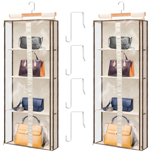 Silkfly 2 Pack Hanging Purse Organizer for Closet Clear Handbag Storage Hanger with Zipper Holder Over The Door Wardrobe Tote Bag Storage Holder for Bedrooms Living Room(Beige) - color: Beige
