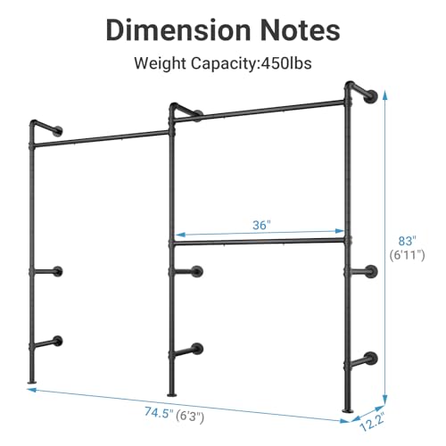 Timate P2 Industrial Pipe Clothes Rack, Wall Mounted Open Closet System with 3 Hanging Rods, L-Shape & Straight Configuration Garment Rack for Closet, Bedroom, Apartment, Retail Display, Black