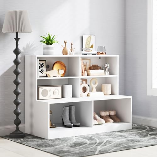 Giantex Storage Bench with Shelf, 3-Tier Entryway Storage Cabinet w/Seat, 2-in-1 Shoe Bench w/Bookshelf, Anti-tip Kits, Modern Style 6-Cube Organizer for Living Room, Study, Hallway, White