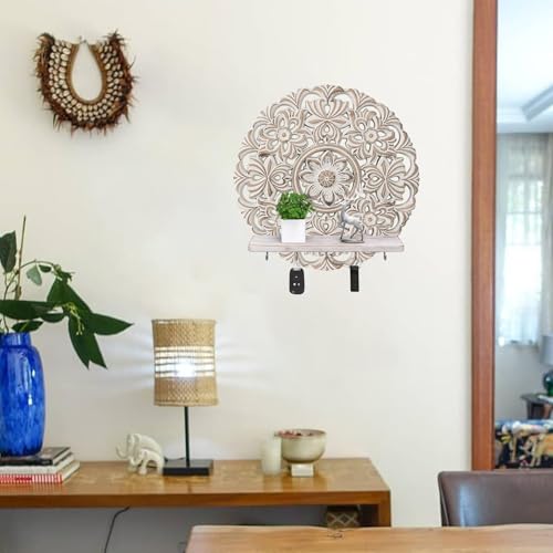 11.6-inch Round Mandala Key Holder for Wall - White Vintage Floral Key Holder with Hooks & Shelf - Farmhouse Decorative Entryway Organizer for Keys, Masks & Mail - Rustic Boho Wall Decor