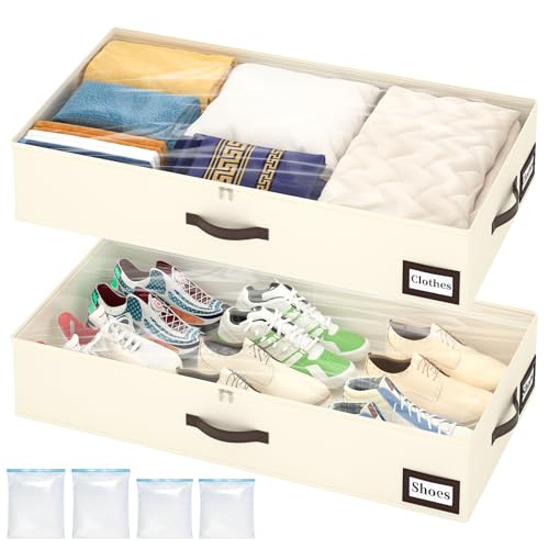 OIAHOMY 2 Pack Under Bed Storage with 4 Compression Bags, Underbed Organizers for Bedroom & Closet, Fits Beds Higher than 5.9", Space-Saving for Seasonal Clothes, Blankets & Shoes - Beige - color: Beige, size: 33.07" x 16.54" x 5.9"