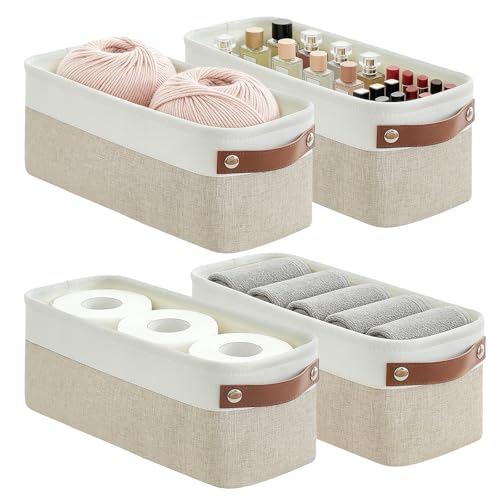 Bagnizer Small Fabric Storage Baskets, 15x6x5 inch Narrow Storage Bins 4-Pack Long Storage Basket for Organizing with Handles, Decorative Basket for Closets, Shelves, Toilet Paper, Beige - color: Beige / Off-White, size: Narrow-15"x6"x5"