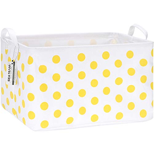Sea Team Collapsible Canvas Fabric Storage Basket with Handles, Rectangle Waterproof Storage Bin, Box, Cube, Foldable Shelf Basket, Closet Organizer, 16.5 x 11.8 x 9.8 Inches, Yellow Dot - color: Dot/Yellow, size: 16.5 Inch (Pack of 1)