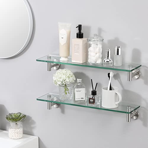 KES Glass Shelf for Bathroom, Floating Glass Shelves for Wall, 20 Inch Tempered Glass Shelf 2 Pack with Rustproof Stainless Steel Brackets Wall Mounted Brushed Finish, A2021-2-P2 - color: Brushed Finish