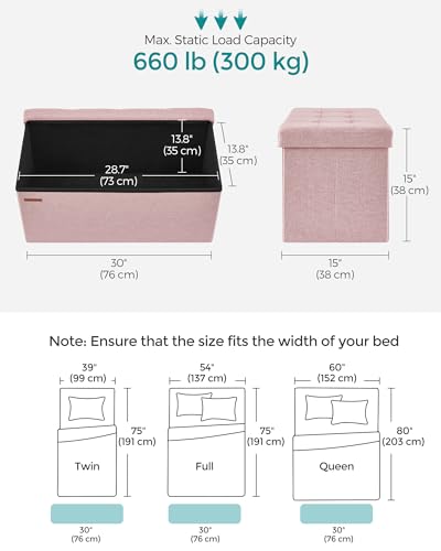 SONGMICS Mazie Collection - 30 Inches Folding Storage Ottoman Bench, Ottoman Foot Rest, End of Bed Bench, Storage Chest, Load 660 lb, for Living Room, Bedroom, Entryway, Jelly Pink ULSF047R11 - color: Jelly Pink, size: 15"D x 30"W x 15"H
