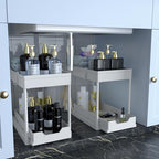 DEKAVA Cabinet, 2 Pack Under Sink Organizer, 2 Tier Sliding Bathroom Kitchen Organizer, Large White ABS Baskets, Easy Install & Clean - color: White