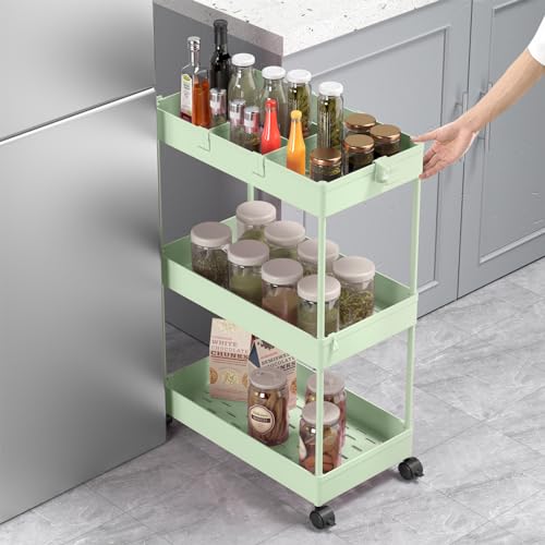 SPACELEAD 3 Tier Rolling Cart with Wheels, Storage Craft Art Trolley Organizer Serving, 3 Hanging Baskets Easy Assembly, for Office, Living Room, Kitchen, Green - color: Green