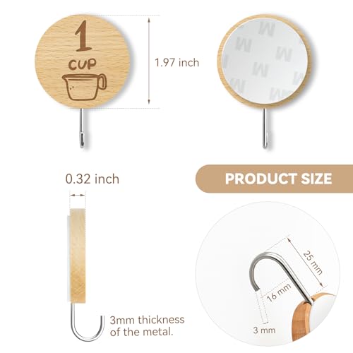 Measuring Cup and Spoon Organizer, 12 Pack Adhesive Wood Hooks for Hanging with 6 Kitchen Conversion Chart Stickers, Kitchen Hooks for Space Saving Storage - style: 12 Pcs Wood Hooks with Stickers