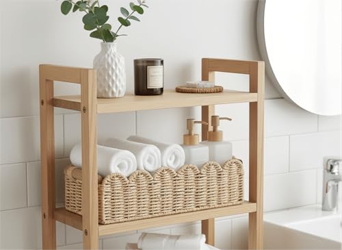 CubesLand Scalloped Edge Toilet Paper Storage Basket, Living Room Home Cozy Decor Basket, Paper Rope Small Baskets for Over Toilet Storage Shelf, End Table, Shelves, with 2 Wooden Handles, Beige - color: Beige, size: M - 14"L x 6.3"W x 3.9"H