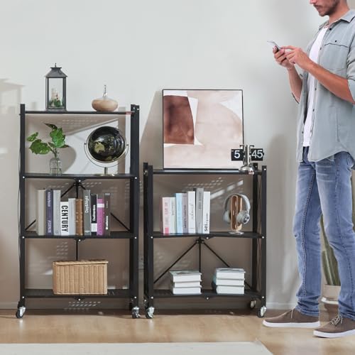 DEANIC 3 Tier Foldable Storage Shelves with Wheels, Kitchen Appliance Stand, Freestanding Metal Wire Shelf Rack, No Assembly Organizer Rolling Cart for Garage, Basement, Pantry (Black) - color: Black