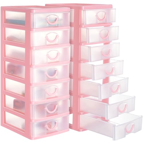 Thyle 2 Pcs Plastic Drawers Organizer Mini Organizer Stackable Plastic Clear Drawer Storage Box Containers Storage Units for Desktop Classroom Craft 6.7 x 4.9 x 13.4 inches(Pink) - color: Pink