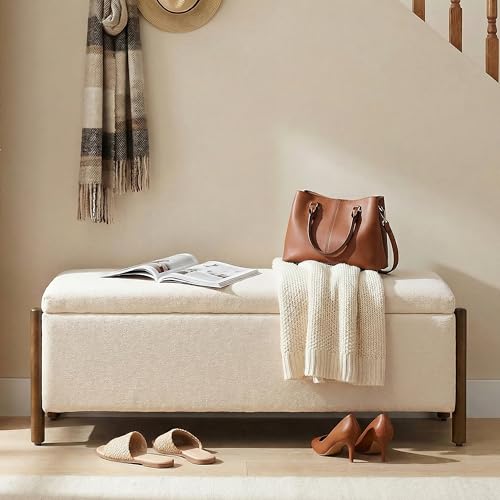 Usaint Wooden Storage Ottoman Bench, 47" Fabric Upholstered End of Storage Bench with Rubberwood Legs, Entryway Bench with Storage for Bedroom, Living Room, Reception, Cloakroom, Beige - color: Beige
