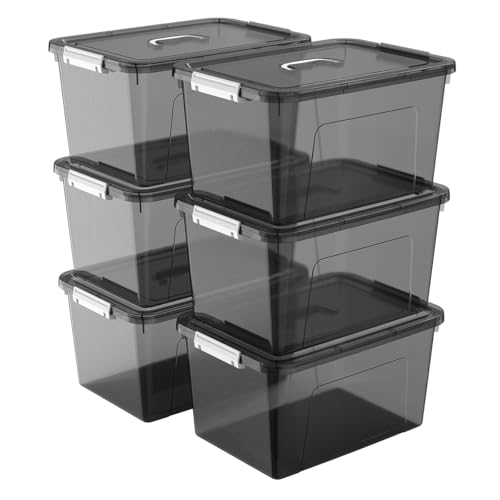 19 Quart Stackable Plastic Storage Bins with Lids, 6 Pack Clear Black Organizer Boxes with Secure Latches for Garage, Tools, Closet, Office, Durable Storage - color: Black, size: 19 QT