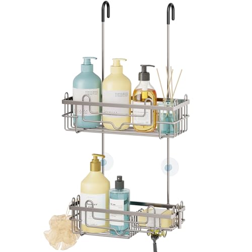 Consumest Over the Door Shower Caddy - 2-Tier Hanging Shower Organizer with Soap Holder, Rustproof Bathroom Storage and Organizer Rack for Shampoo, Towels, and Toiletries, Sand Nickel - color: Sand Nickel, size: 2 Tier-Shower Door