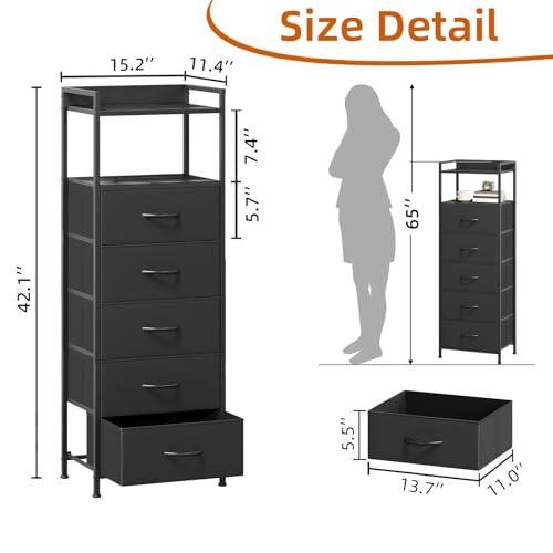 Somdot Tall Dresser for Bedroom, 5 Drawers Nightstand Vertical Storage Tower Unit, Night Stand Furniture with Fabric Drawer Organizer in Bedside Hallway, Entryway, Kids Room, Closet, Black - color: Black, size: 11.4"D x 15.2"W x 42.1"H (5 Drawers)