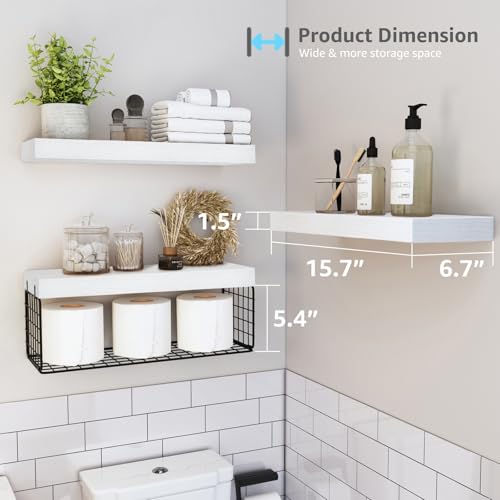 QEEIG Bathroom Shelves Over Toilet - Wall Mounted Floating Shelves Toilet Paper Storage Small Farmhouse Decor Shelf 16 inch Set of 3, White and Black (019-WB3) - color: F. White & Black, size: 3pcs