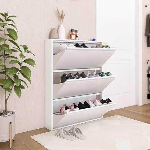 LUCYPAL Shoe Cabinet Storage for Entryway,Slim Wall Mounted Shoe Cabinet with 3 Flip Drawers Narrow Shoe Organizer for Entryway, Hallway, Living Room,White - color: White, size: 3 Flip Drawers