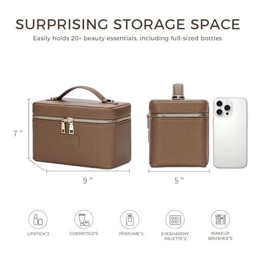 Makeup Bag Vanity Case for Women – Portable Cosmetic Bag Makeup Bag Organizer Travel Toiletry Bag with Removable Divider - color: Khaki