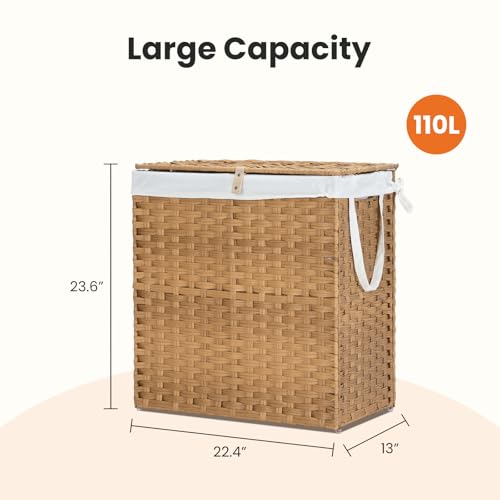 110L Laundry Hamper with Lid, Hand-Woven Pp Rattan Laundry Basket with Compartments & Handles, Removable Liner Bags,Foldable, Narrow Dirty Clothes Basket, Yellow - color: 110L-Yellow