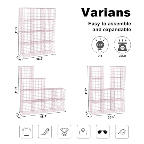 C&AHOME Wire Cube Storage, 12 - Cube Organizer Metal C Grids, Modular Shelves Units, Closet Organizer, Ideal for Home, Office, Living Room, 36.6”L x 12.4”W 48.4”H, Pink UWCS3012P - color: Pink