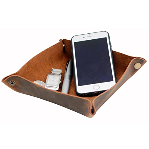 boshiho Valet Tray for Men, Leather Jewelry Catchall Key Phone Coin Box Change Caddy Bedside Storage Box (Crazy Horse Leather - Dark Brown) - color: Crazy Horse Leather - Dark Brown