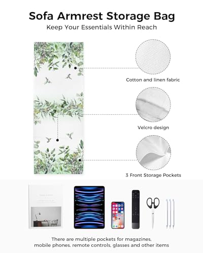 Sofa Armrest Organizer Bedside Caddy, Green Botanical Non Slip Couch Remote Control Holder for Recliner, Watercolor Green Eucalyptus Leaves Birds Arm Chair Caddy with Pocket, 13"x35" - size: 13x35 in
