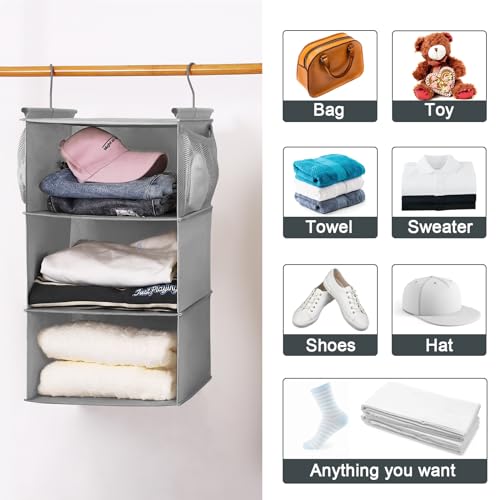 MAX Houser 3 Tier Shelf Hanging Closet Organizer, Closet Hanging Shelf with 2 Sturdy Hooks for Storage, 2 Pack, Foldable (Grey) - color: Grey2