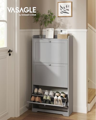 VASAGLE Shoe Cabinet with 3 Flip Drawers, Shoe Organizer, Adjustable and Removable Dividers, Holds 12-20 Pairs, Entryway, 9.4 x 23.6 x 47.7 Inches, Dove Gray ULBC036GD02S - color: Dove Gray, size: 9.5"D x 23.6"W x 47.7"H, style: shoe cabinet