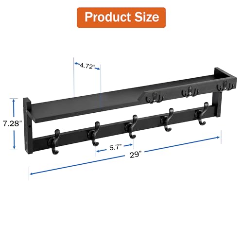 29'' Coat Rack Wall Mount with Shelf, Coat Hanger Wall Mount with Key Hooks and Mail Holder, Wood Entryway Floating Shelf with Hooks and Storage, Hat Rack for Wall Key Holder Mail Organizer - color: Black, size: 29 Inch Long