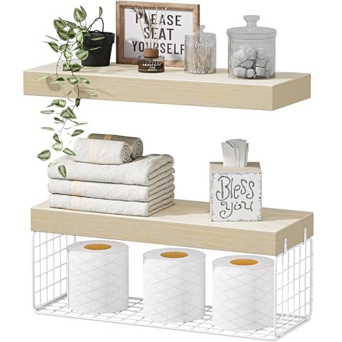 QEEIG Bathroom Shelves Over Toilet - Wall Mounted Floating Shelves Toilet Paper Storage Small Farmhouse Decor Shelf 16 inch Set of 2, Natural (019-BNW2) - color: E. Natural, size: 2pcs