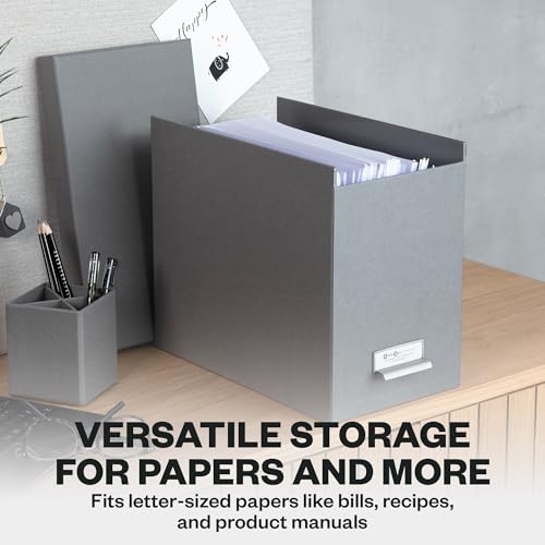 Bigso John Fiberboard Label Frame Desktop File Storage Box - Document Organizer for Important Paperwork - Durable Hanging File Box with a Lid & Metal Label Window - 7.36 x 13.38 x 10.51 in - Grey - color: Grey