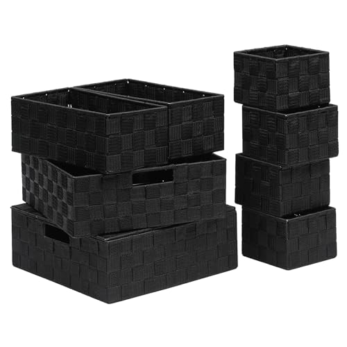 Woven Storage Bins with Lids, Set of 8, Polypropylene Storage Baskets with Metal Frame, Stackable Fabric Boxes for Drawers, Closet, Shelf, Nursery and Office, Black - color: Black, size: 8PCS-with lid