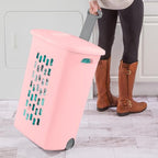 Sterilite 3 Pack Ultra Wheeled Hamper, Plastic Laundry Basket Clothes Bin with Wheels, Flip Top Lid and Retractable Handle, Pink Frost - color: Pink Frost