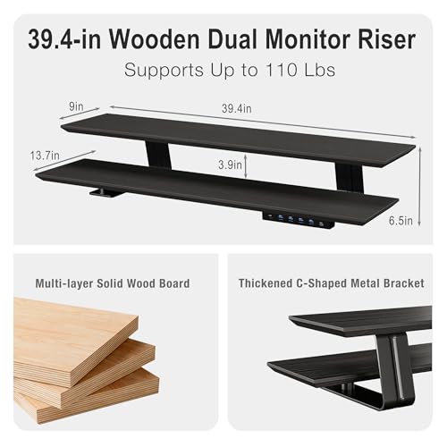 2-Tier Dual Monitor Riser with 6-Port Hub – 39.4" Extra Wide Solid Wood Plywood Desk Stand for Dual Monitors, 30w Fast Charging USB C/A Ports, Heavy Duty Desk Organizer, Black Wood Grain Finish