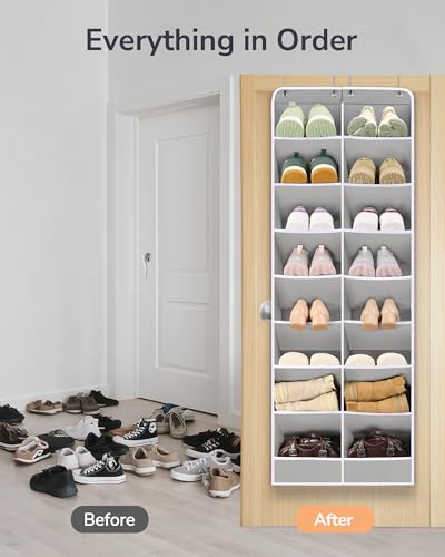 ULG Over The Door Shoe Organizer with 16 Large Pockets, Hanging Shoe Rack for Closet Door, Space Saving Shoe Storage for Boots, Heels & Sneakers,Grey - color: Grey, size: 8-Tier