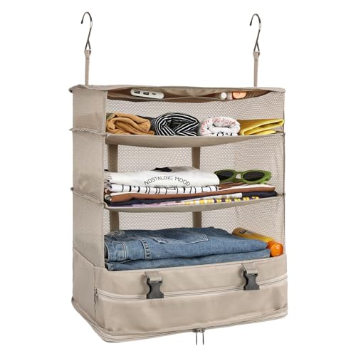 Surblue Hanging Closet Storage Bag Collapsible 3-Shelf Washable Oxford Fabric with 2 Hooks (XL 17.71 * 11.81 * 20in, Beige) - color: Beige, size: XL 17.71*11.81*20in