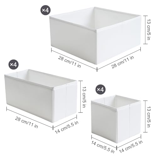 TYEERS Drawer Organizers, Durable Fabric, Washable, with Base Support Boards, Small Storage Boxes for Bathroom, Closet, Dresser, Set of 12, White - color: White, size: S+M+L (Set of 12)