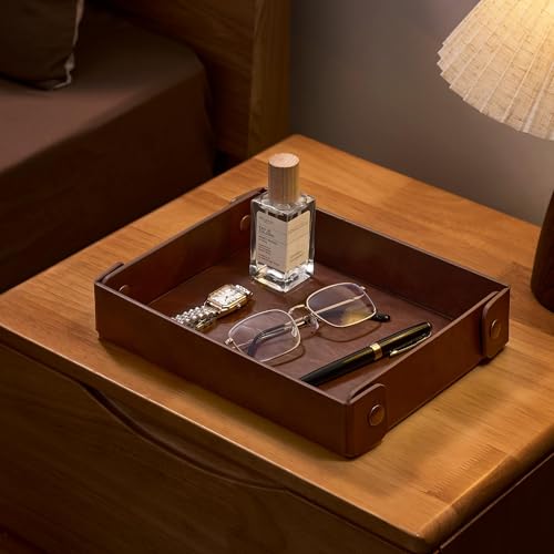 Catch All Valet Tray - EDC Organizer for Key, Wallet, Watch, Jewelry, Phone, coin change | Faux Leather Storage Tray for Dresser, Nightstand, Desk, Entryway, Travel Storage | Brown - color: Brown