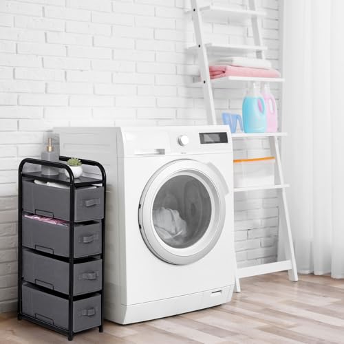 MAX Houser 4 Drawer Narrow Dresser Fabric Storage Tower Vertical Slim Storage Chest Organizer Nightstand Side/End Table Small Standing Organizer Removable Drawers Wood Top for Bedroom, Bathroom（Grey - color: Grey2