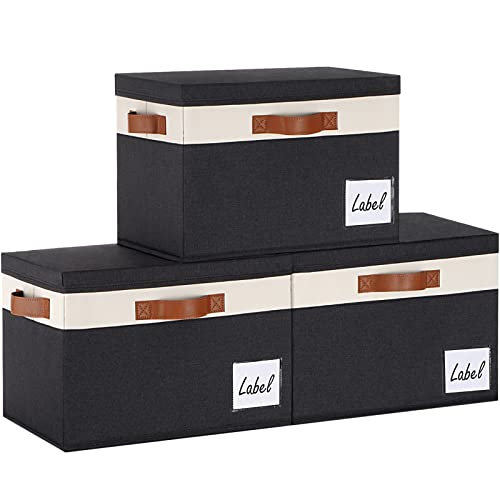 Extra Large Storage Bins with Lids, Foldable Fabric Storage Baskets with Lids, Sturdy Storage Boxes with Labels and 3 PU Handles for Closet Home Bedroom Office (32L, 3 Packs, Black&White) - color: Black with White, size: Extra Large-3pcs