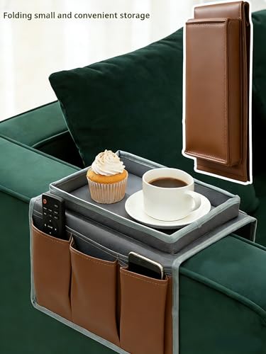 Sofa Armrest Organizer with Spill-Resistant Drink Tray, Multi-Pocket Non-Slip Couch Arm Caddy for Remote Control, Phones, Snacks, Universal Fit for Sofa, Recliner & Armchair - color: coffee