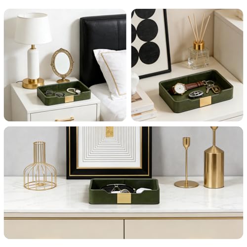 Green Luxury Leather Jewelry Tray - Stylish Desk Accessories & Nightstand Organizer for Holding Jewelry, Watch, Keys, Phone & Wallet (Entryway/Desktop Decor)
