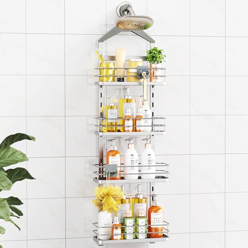ODesign 4 Tier Height-Adjustable Shower Caddy Hanging Anti-Swing-Over The Shower Head Caddy- Storage Organizer Bathroom Shelves Basket Caddies-Silver - color: Silver, size: 4 Tier
