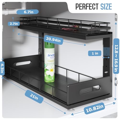 Under Sink Organizer Upgrade To Professional Rails,2-Tier Dual Pull Out Cabinet Storage,Height Adjustable Slide Out Drawers For Bathroom Kitchen,2 Pack-21"Dx12.8"-16.9"H,Black - color: Black, size: 2 Pack-21"Dx12.8"-16.9"H