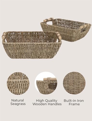 StorageWorks Hand-Woven Large Storage Baskets with Wooden Handles, Seagrass Wicker Baskets for Organizing, 2-Pack - color: Natural(Seagrass), size: Medium