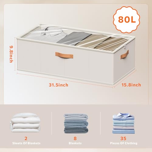Under Bed Storage Containers, 10 Inches Tall 80L, Foldable Underbed Storage Bags, Closet Organizers and Storage Bins for Clothes and Blankets, Sweaters, Shoes,2-Pack (White, 31.5x15.8x10 In) - color: White