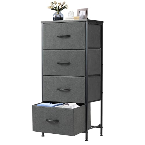 DUMOS Nightstand with 4 Drawers Bedside Table with Removable Fabric Bins Sturdy Steel Frame Wood Top Organizer Furniture for Bedroom Closet Living Room - color: Grey, size: 11.8"D x 17.7"W x 37.4"H (4 Drawers)